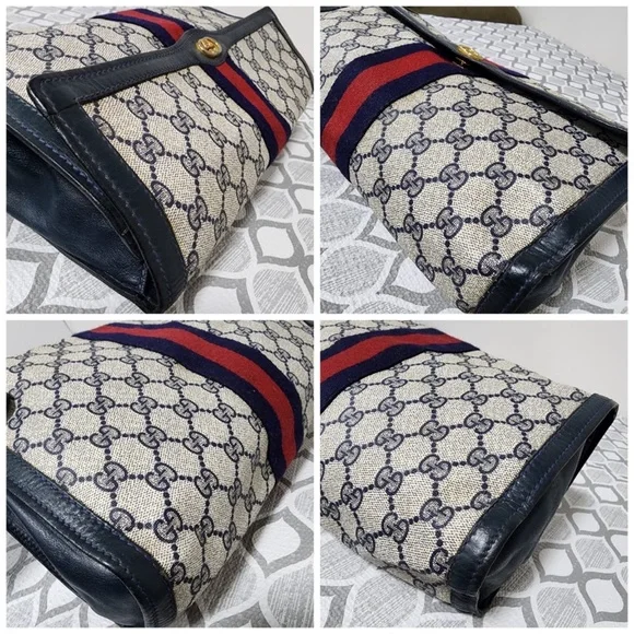 Authentic Gucci Vintage GG Sherry Line PVC Leather Clutch Beige/Navy Blue - Picture 9 of 14